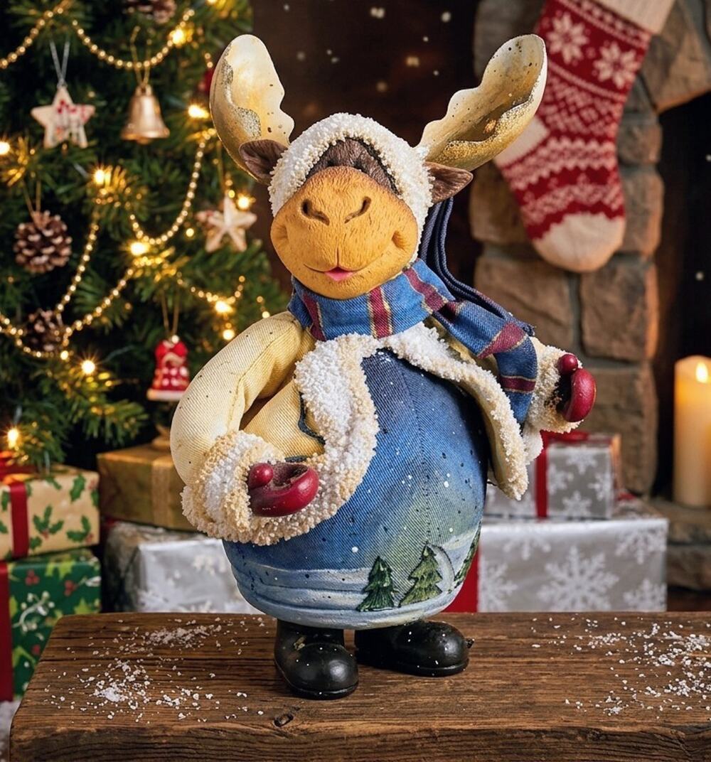 Vintage Winter Moose Figurine Mixed Media Christmas Decor Rustic Snowy Trees